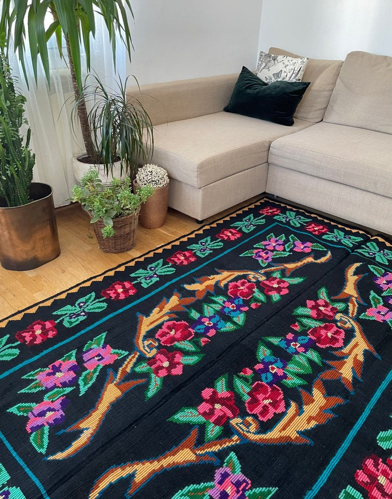 Vintage Black Floral Romanian Wool Rug, 235x150 cm, view 2