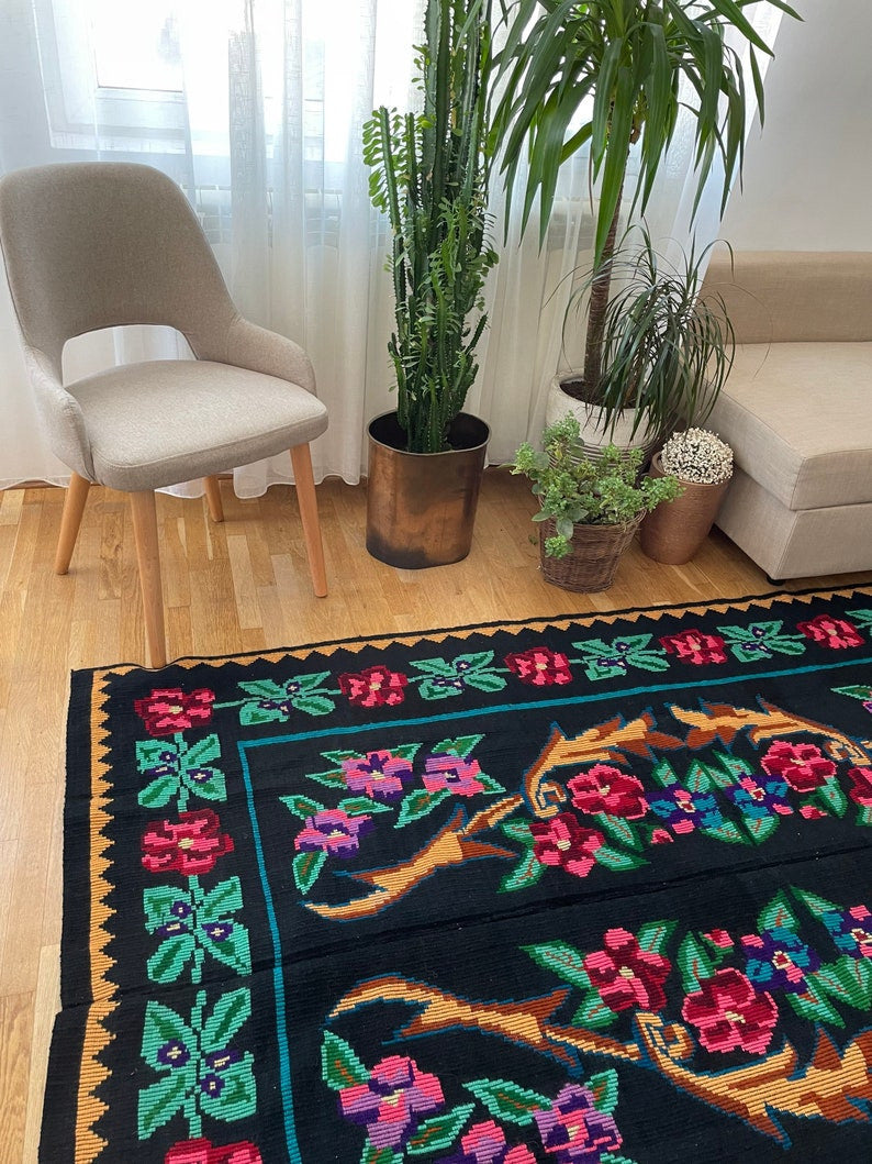 Vintage Black Floral Romanian Wool Rug, 235x150 cm, view 5