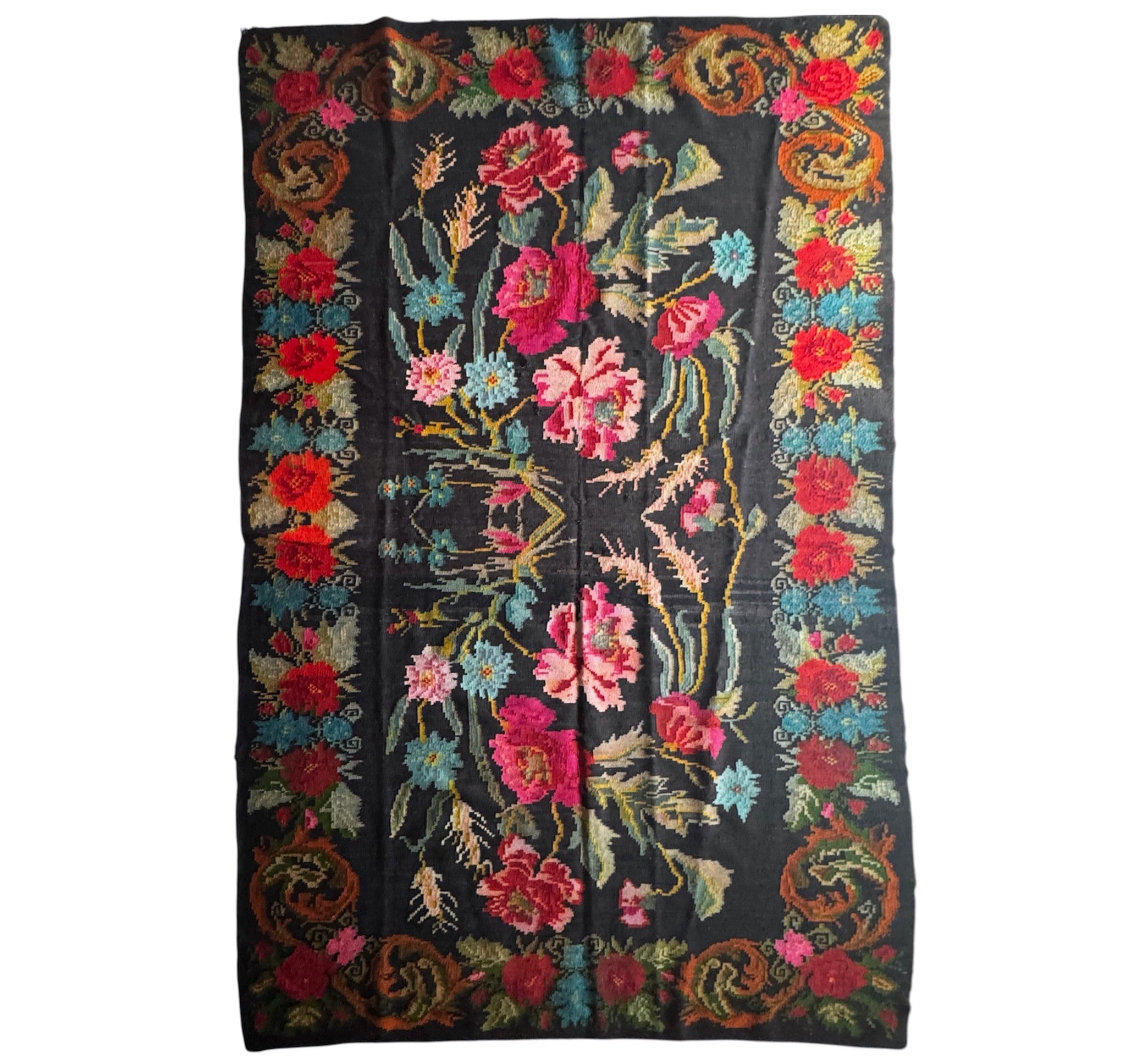 Vintage Black Floral Romanian Wool Rug, 290x180 cm