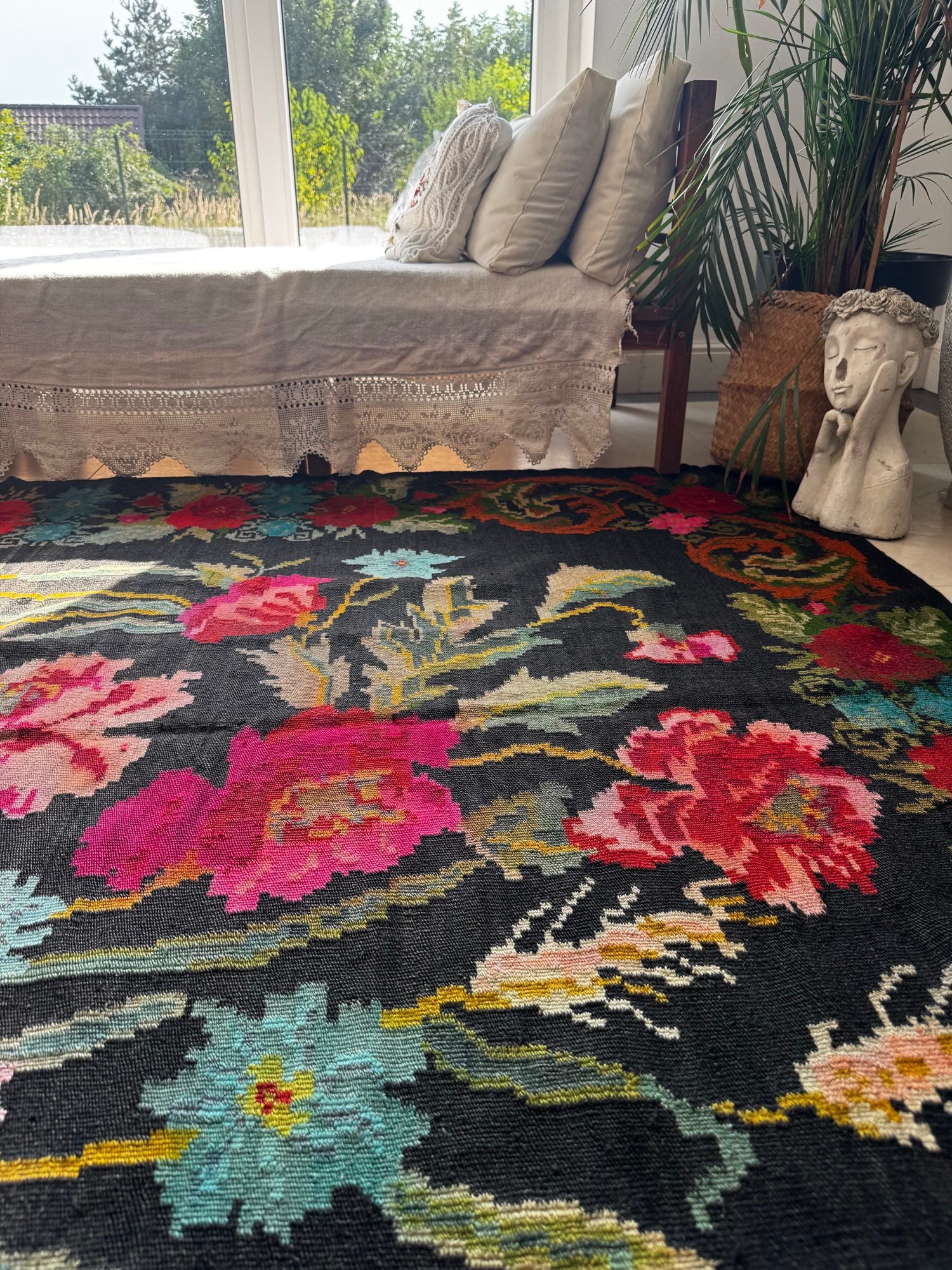 Vintage Black Floral Romanian Wool Rug, 290x180 cm, view 13