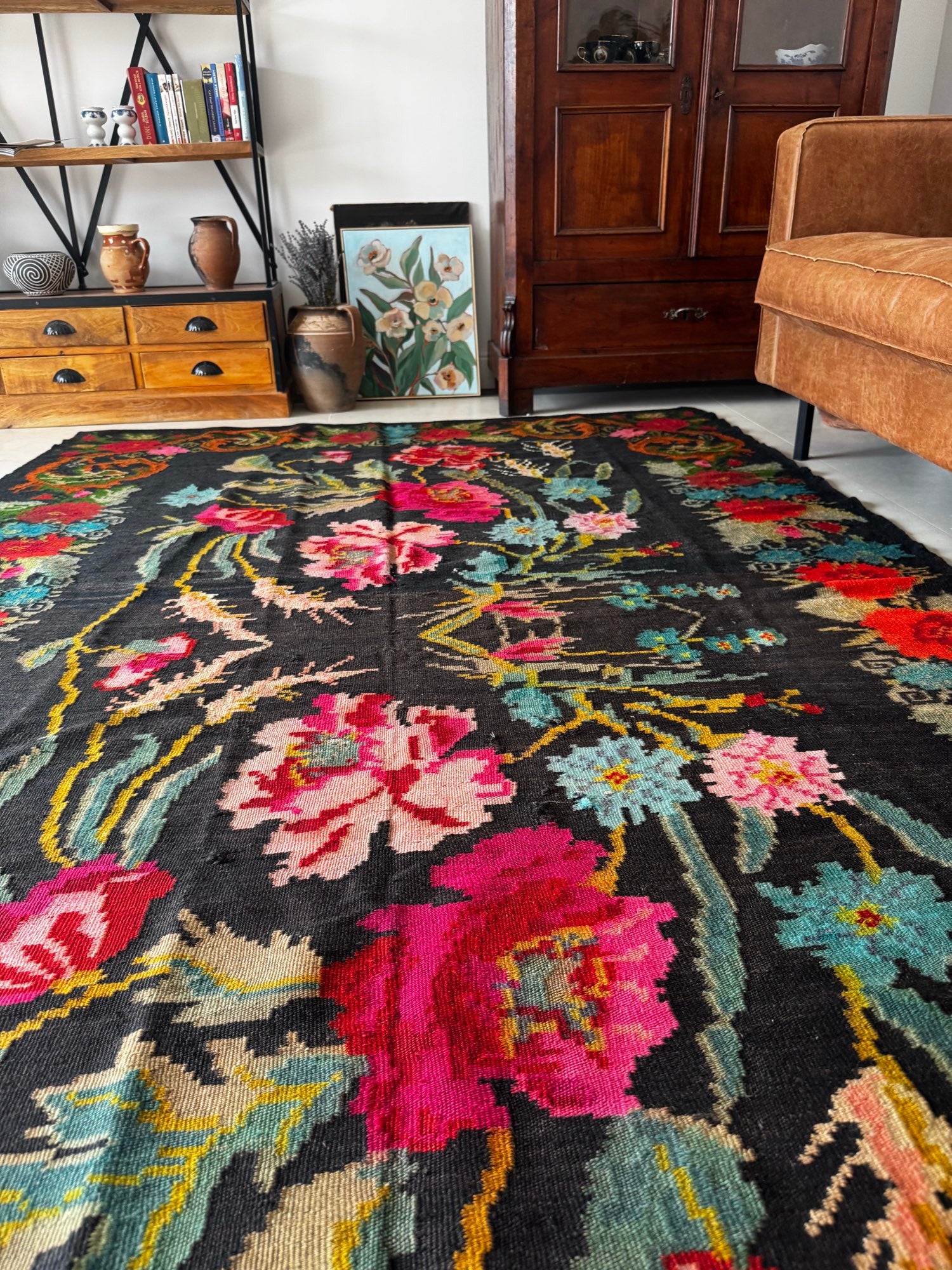 Vintage Black Floral Romanian Wool Rug, 290x180 cm, view 15
