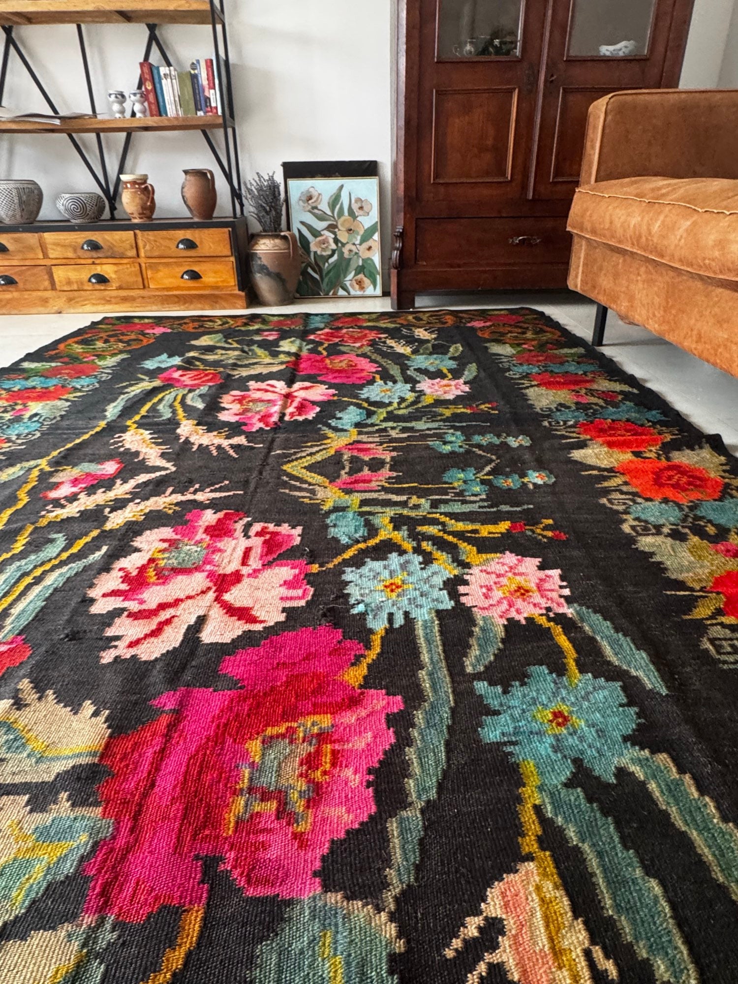 Vintage Black Floral Romanian Wool Rug, 290x180 cm, view 3