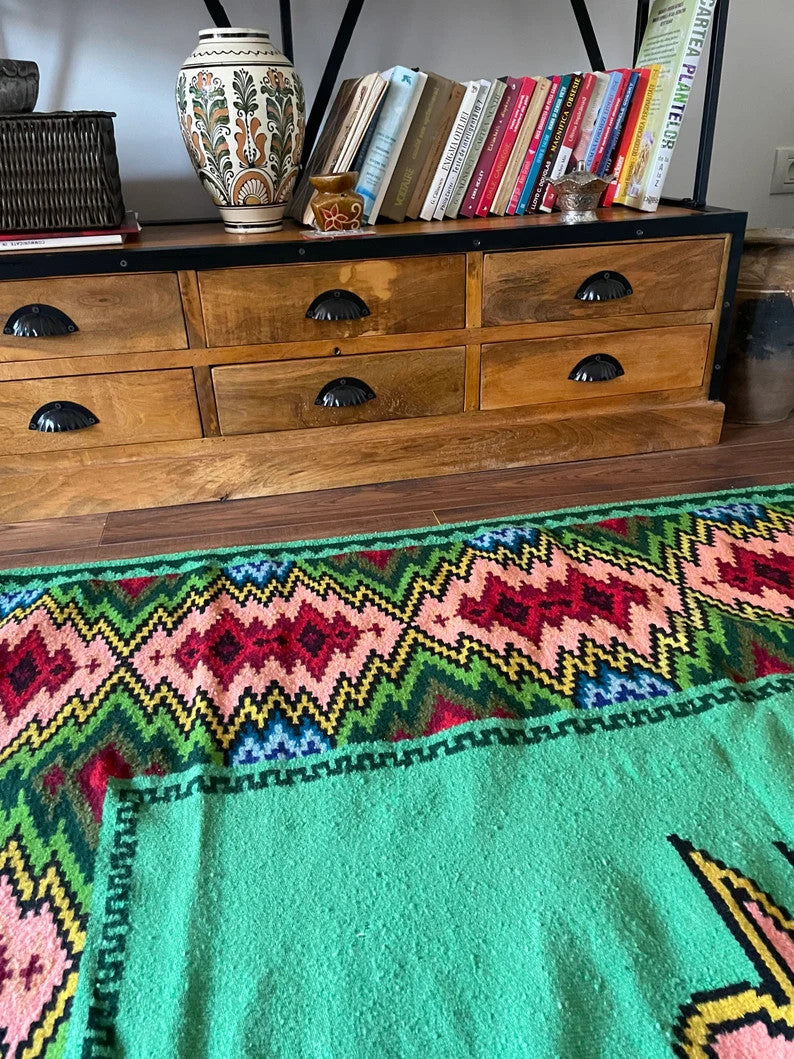 Vintage Green Geometric Romanian Wool Rug, 185x158 cm, view 4