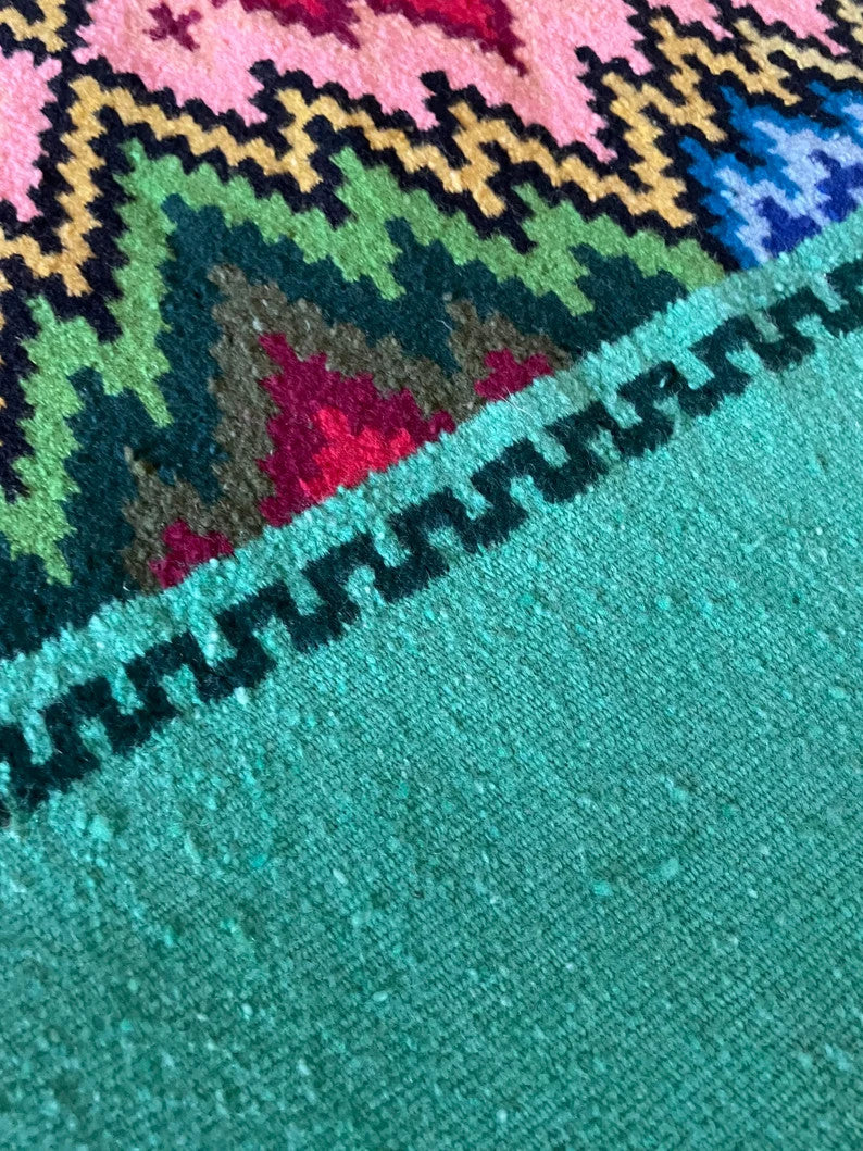 Vintage Green Geometric Romanian Wool Rug, 185x158 cm, view 6