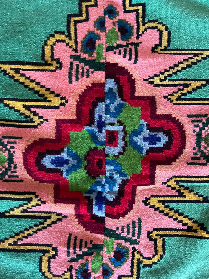 Vintage Green Geometric Romanian Wool Rug, 185x158 cm, view 7