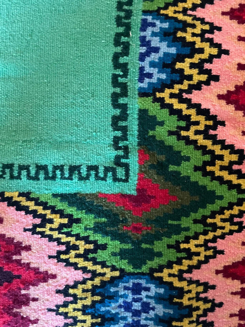 Vintage Green Geometric Romanian Wool Rug, 185x158 cm, view 8