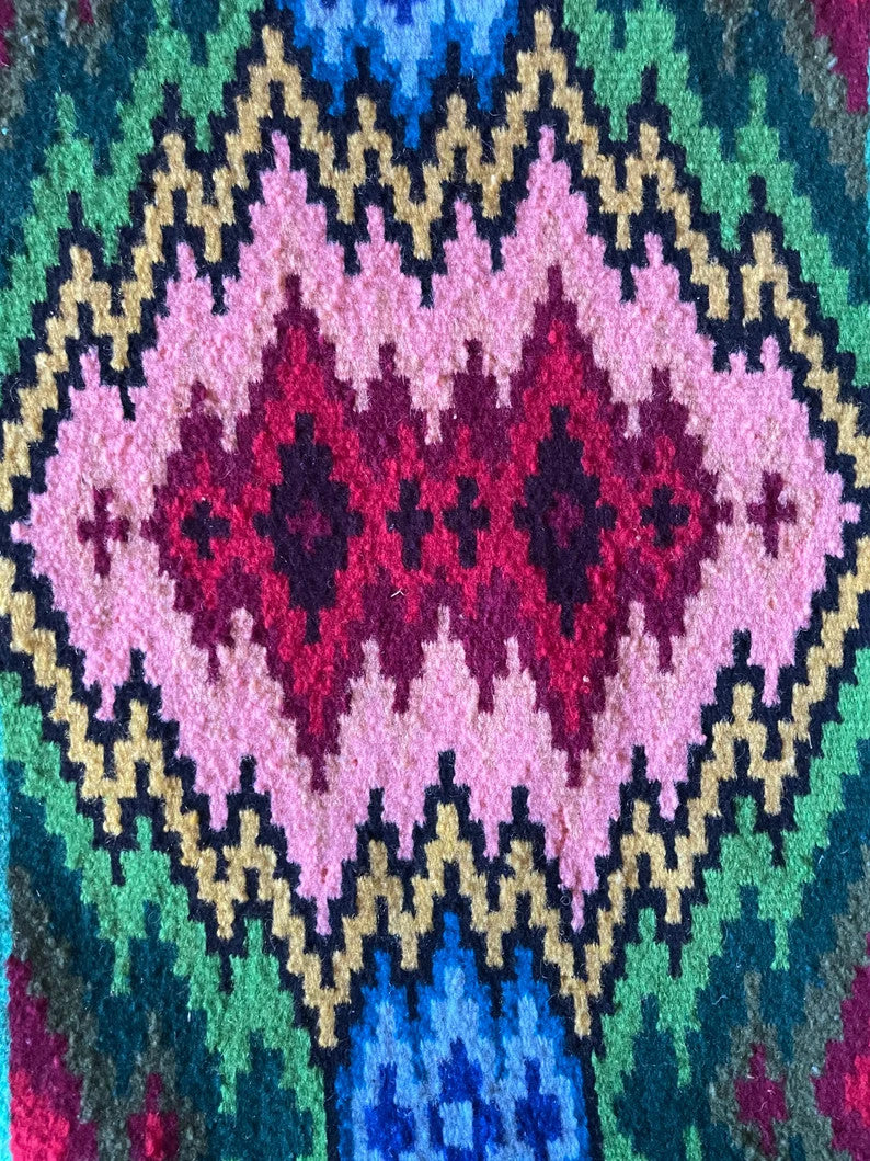 Vintage Green Geometric Romanian Wool Rug, 185x158 cm, view 9