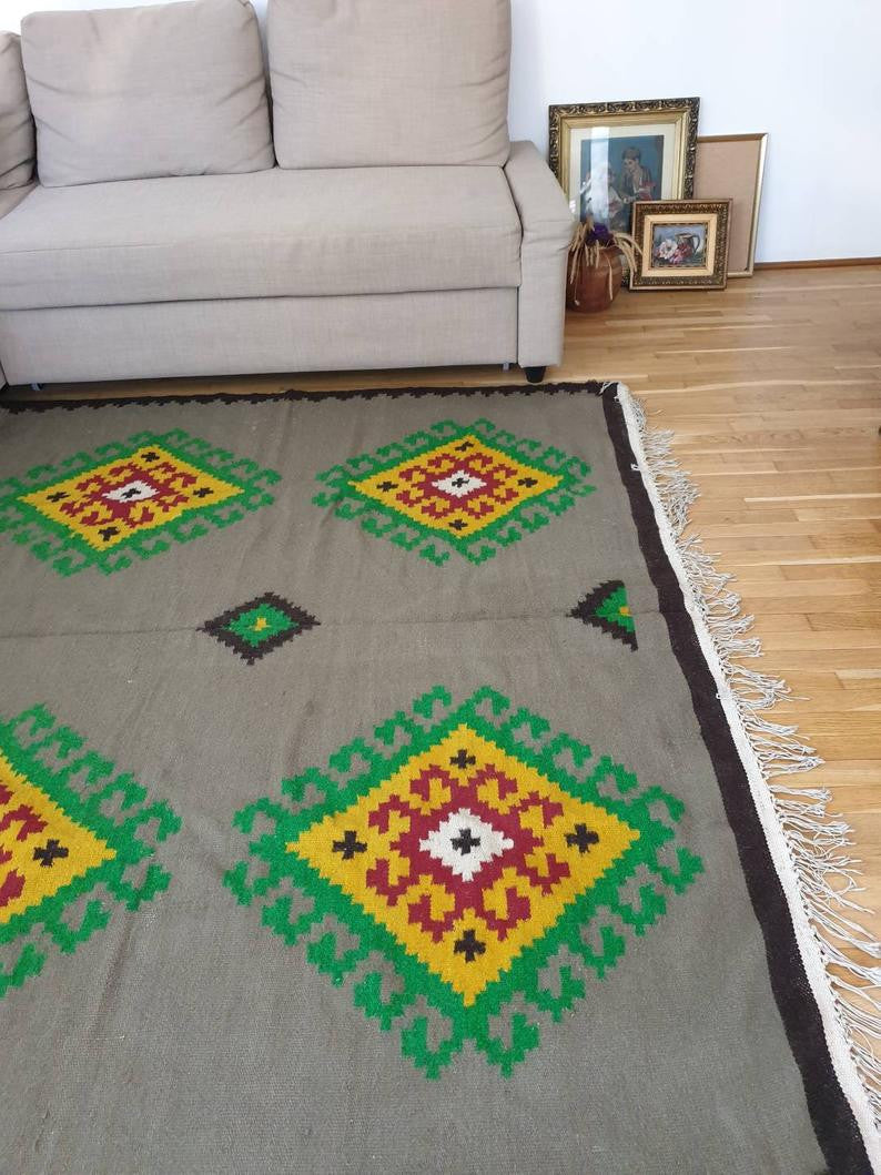 Vintage Gray Geometric Romanian Wool Rug, 195x168 cm