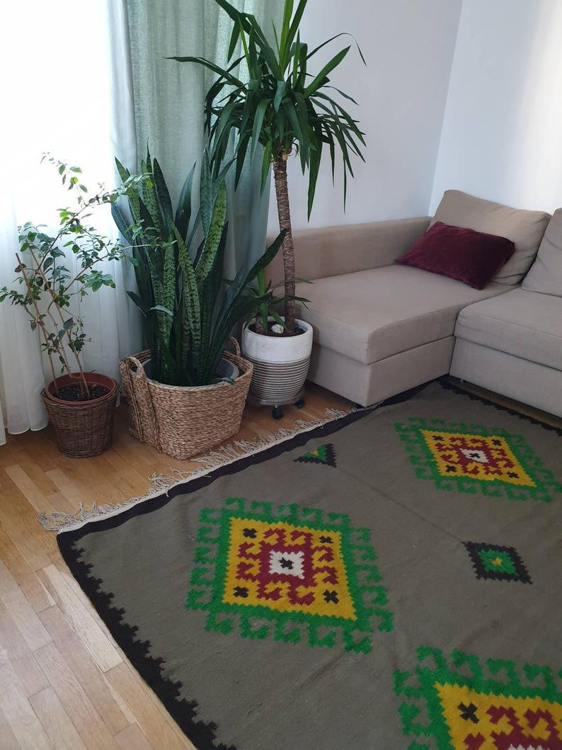 Vintage Gray Geometric Romanian Wool Rug, 195x168 cm, view 2