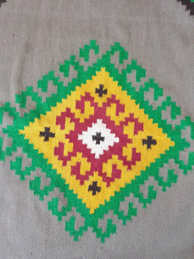 Vintage Gray Geometric Romanian Wool Rug, 195x168 cm, view 6