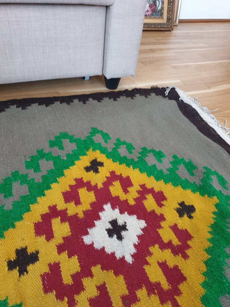 Vintage Gray Geometric Romanian Wool Rug, 195x168 cm, view 7