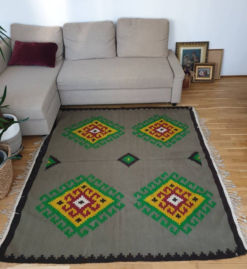 Vintage Gray Geometric Romanian Wool Rug, 195x168 cm, view 8