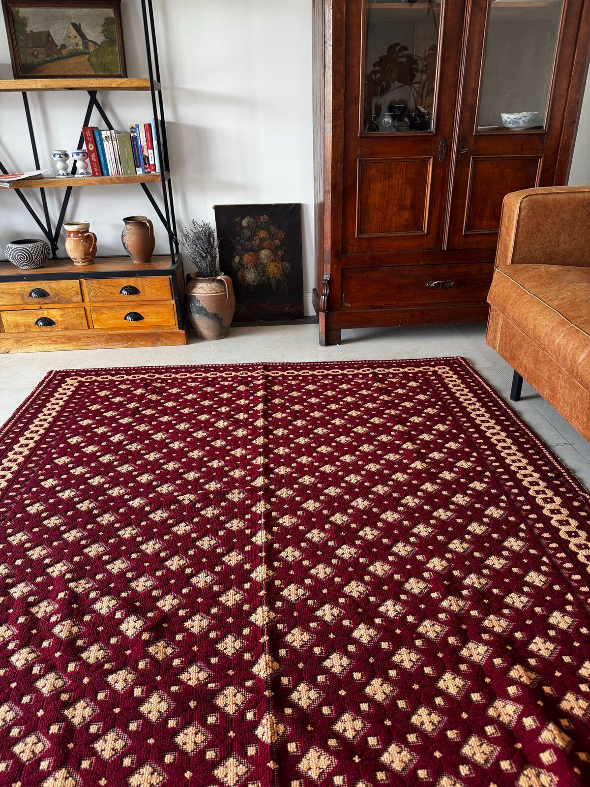 Vintage Beige Geometric Romanian Wool Rug, 200x175 cm, view 2