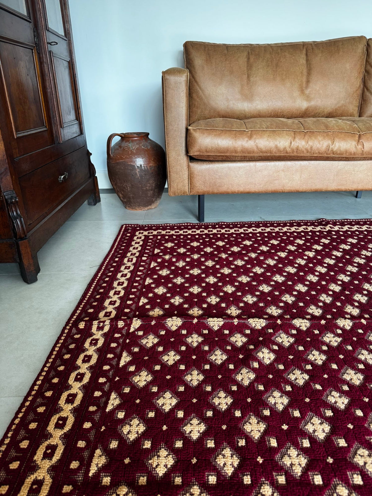 Vintage Beige Geometric Romanian Wool Rug, 200x175 cm, view 9