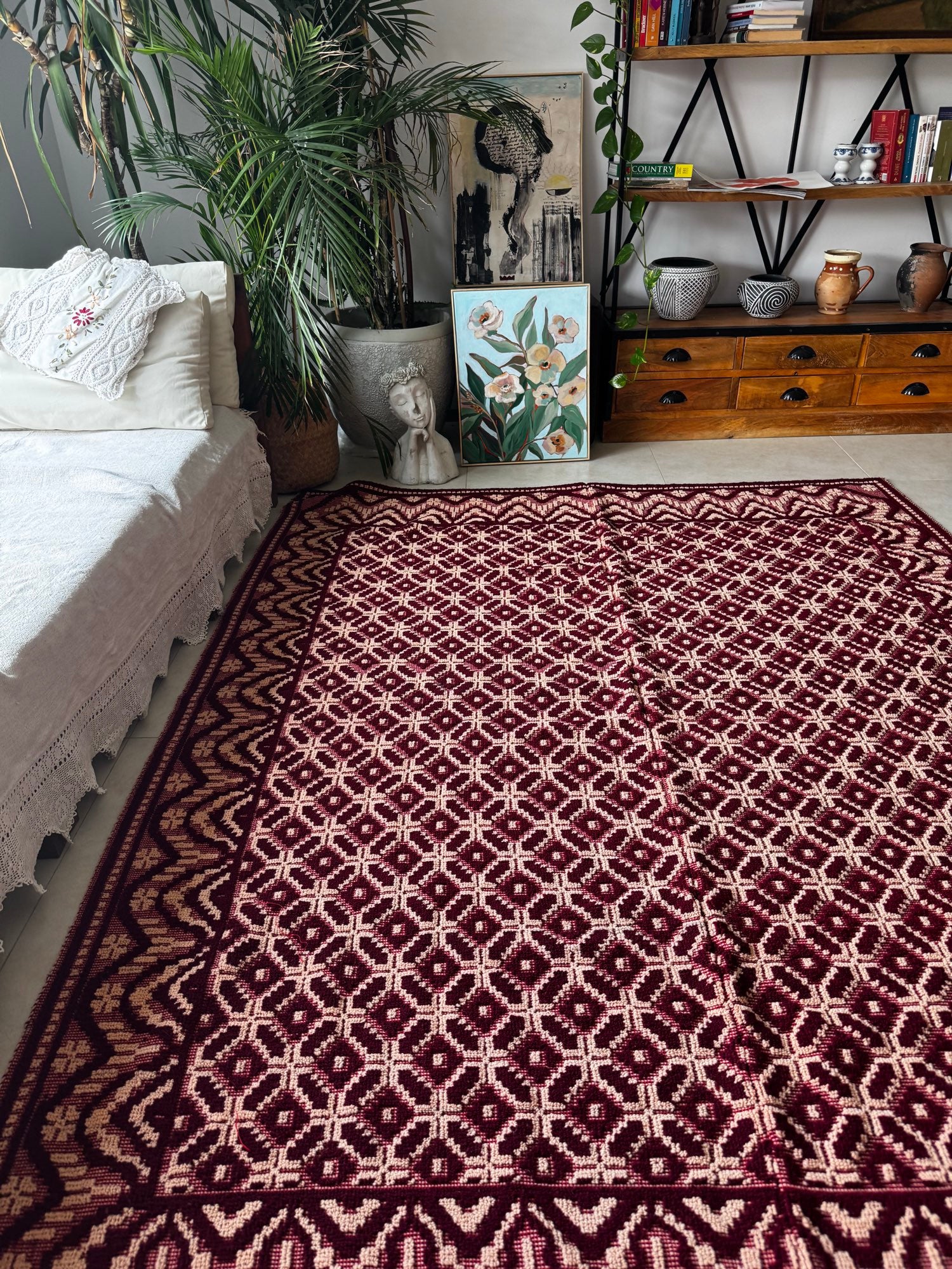 Vintage Beige Geometric Romanian Wool Rug, 220x180 cm, view 13