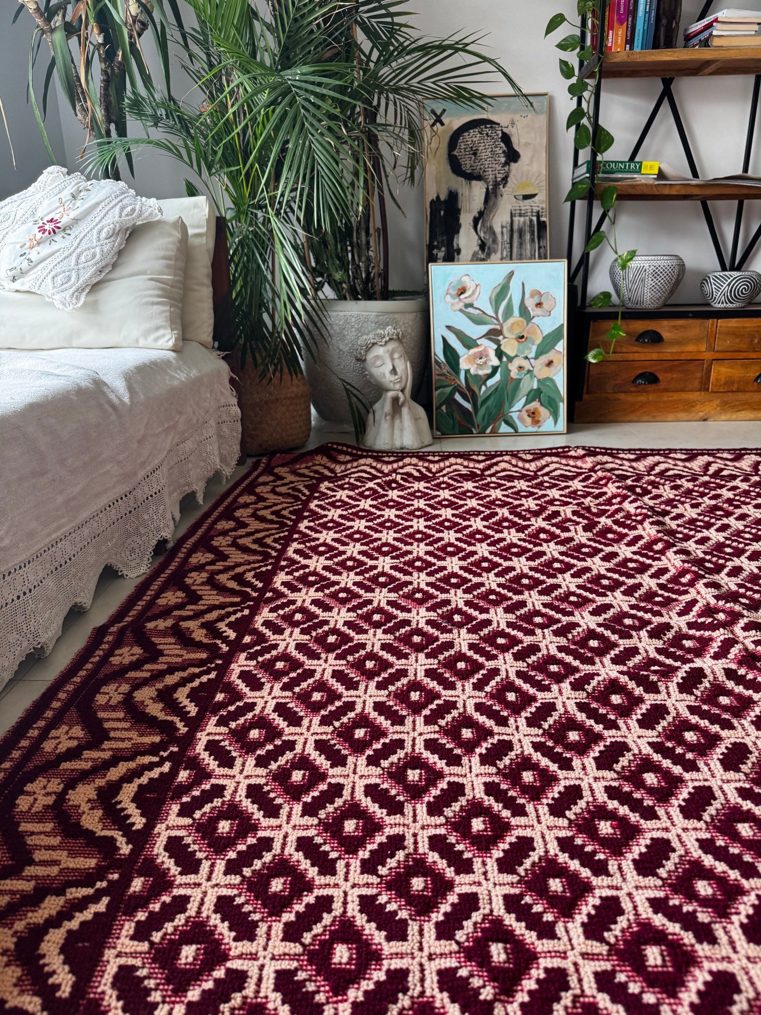 Vintage Beige Geometric Romanian Wool Rug, 220x180 cm, view 14