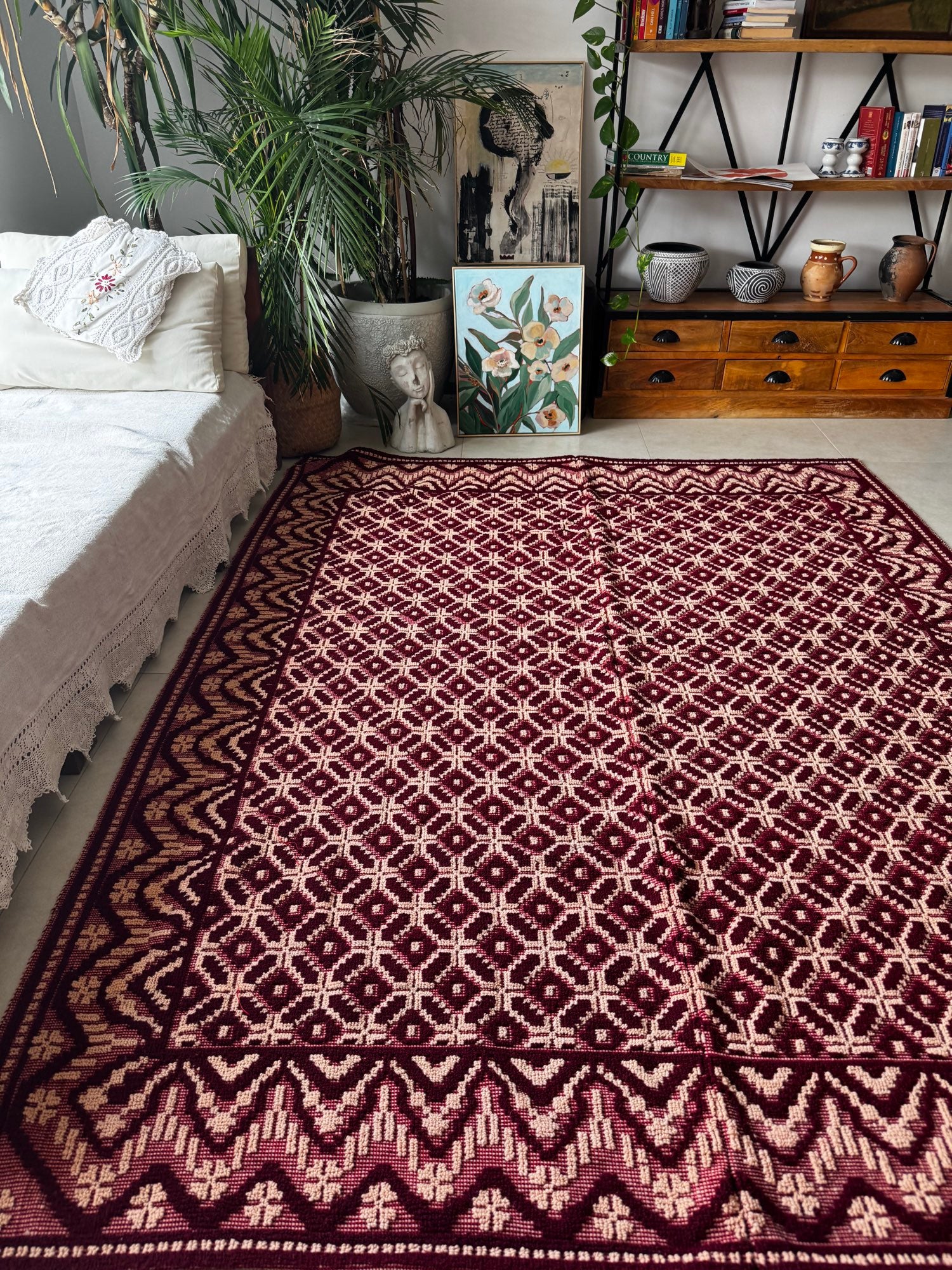 Vintage Beige Geometric Romanian Wool Rug, 220x180 cm, view 15
