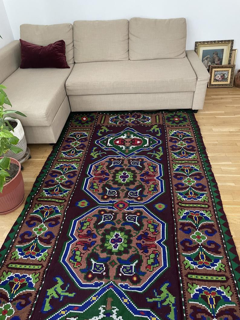 Vintage Wine Red Geometric Romanian Wool Rug, 285x140 cm, view 10