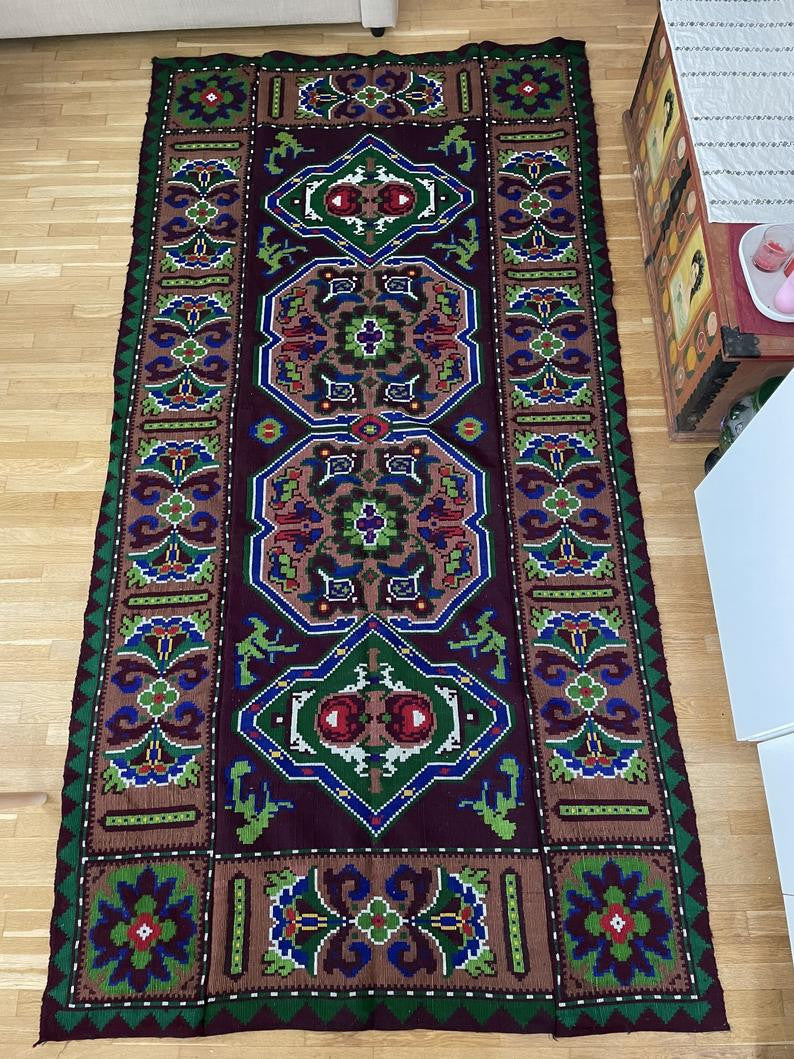 Vintage Wine Red Geometric Romanian Wool Rug, 285x140 cm, view 2
