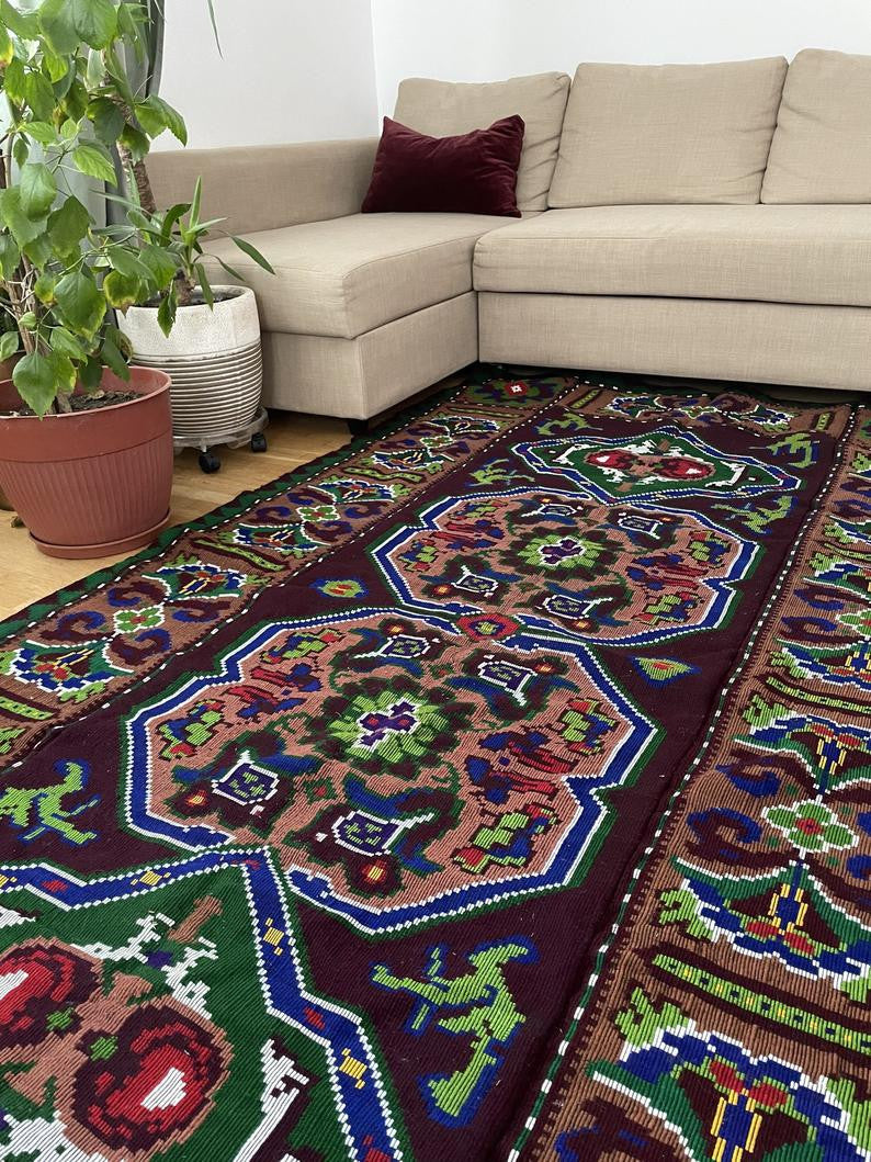 Vintage Wine Red Geometric Romanian Wool Rug, 285x140 cm, view 9