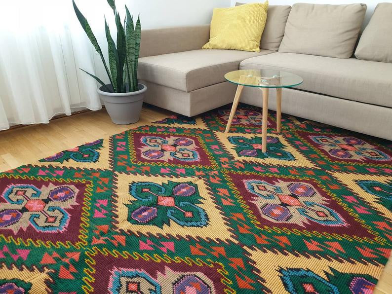 Vintage Yellow Geometric Romanian Wool Rug, 330x176 cm, view 10