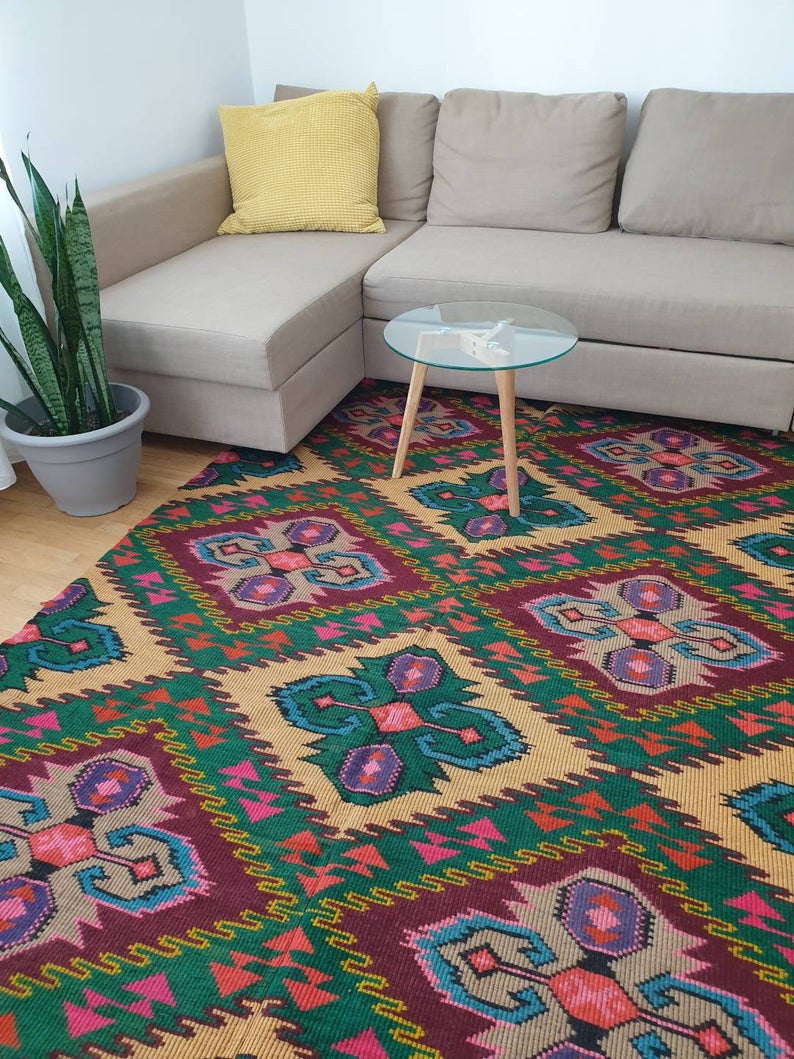 Vintage Yellow Geometric Romanian Wool Rug, 330x176 cm, view 2