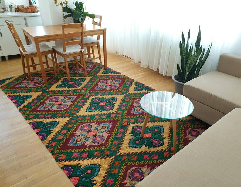 Vintage Yellow Geometric Romanian Wool Rug, 330x176 cm, view 3