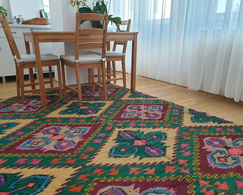Vintage Yellow Geometric Romanian Wool Rug, 330x176 cm, view 4