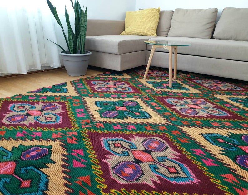Vintage Yellow Geometric Romanian Wool Rug, 330x176 cm, view 5
