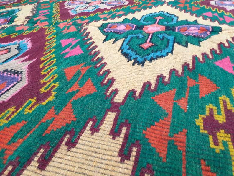 Vintage Yellow Geometric Romanian Wool Rug, 330x176 cm, view 7