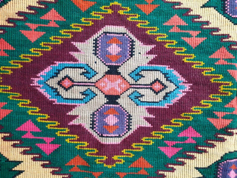 Vintage Yellow Geometric Romanian Wool Rug, 330x176 cm, view 9