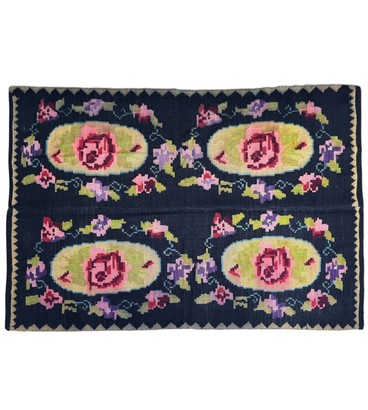 Vintage Black Floral Romanian Wool Rug, 221x142 cm