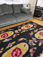 Vintage Black Floral Romanian Wool Rug, 221x142 cm, view 2
