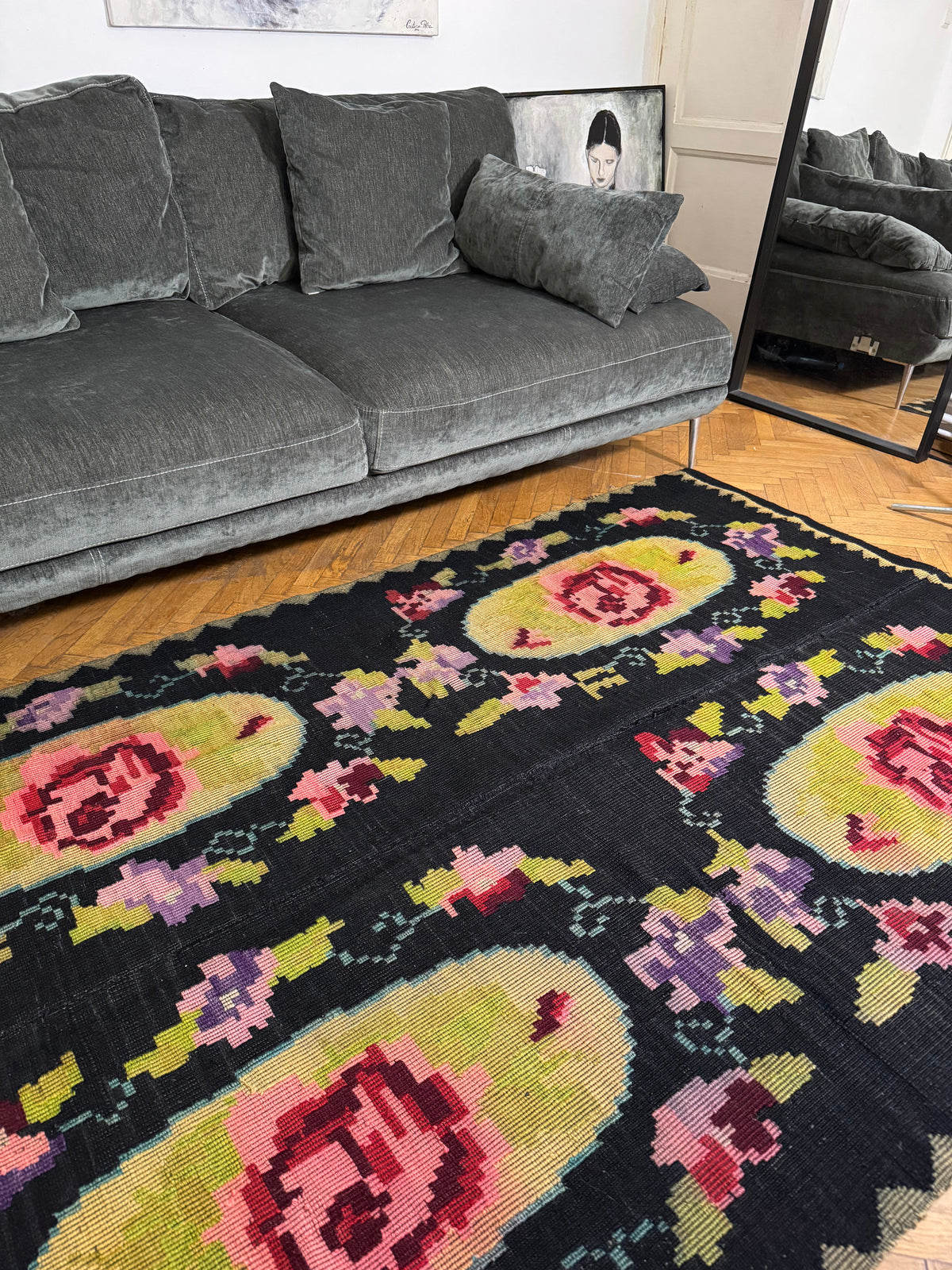 Vintage Black Floral Romanian Wool Rug, 221x142 cm, view 2