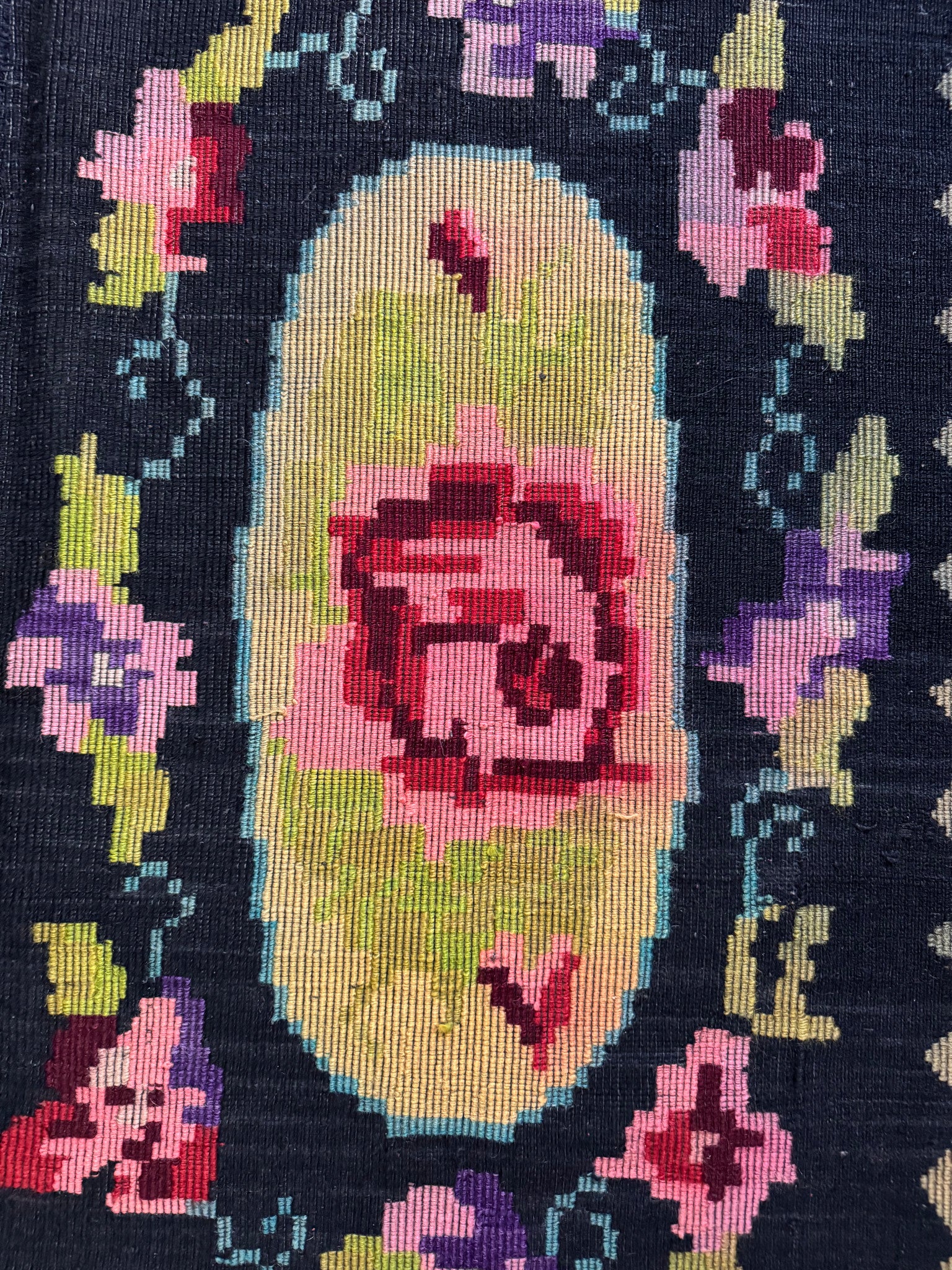 Vintage Black Floral Romanian Wool Rug, 221x142 cm, view 6