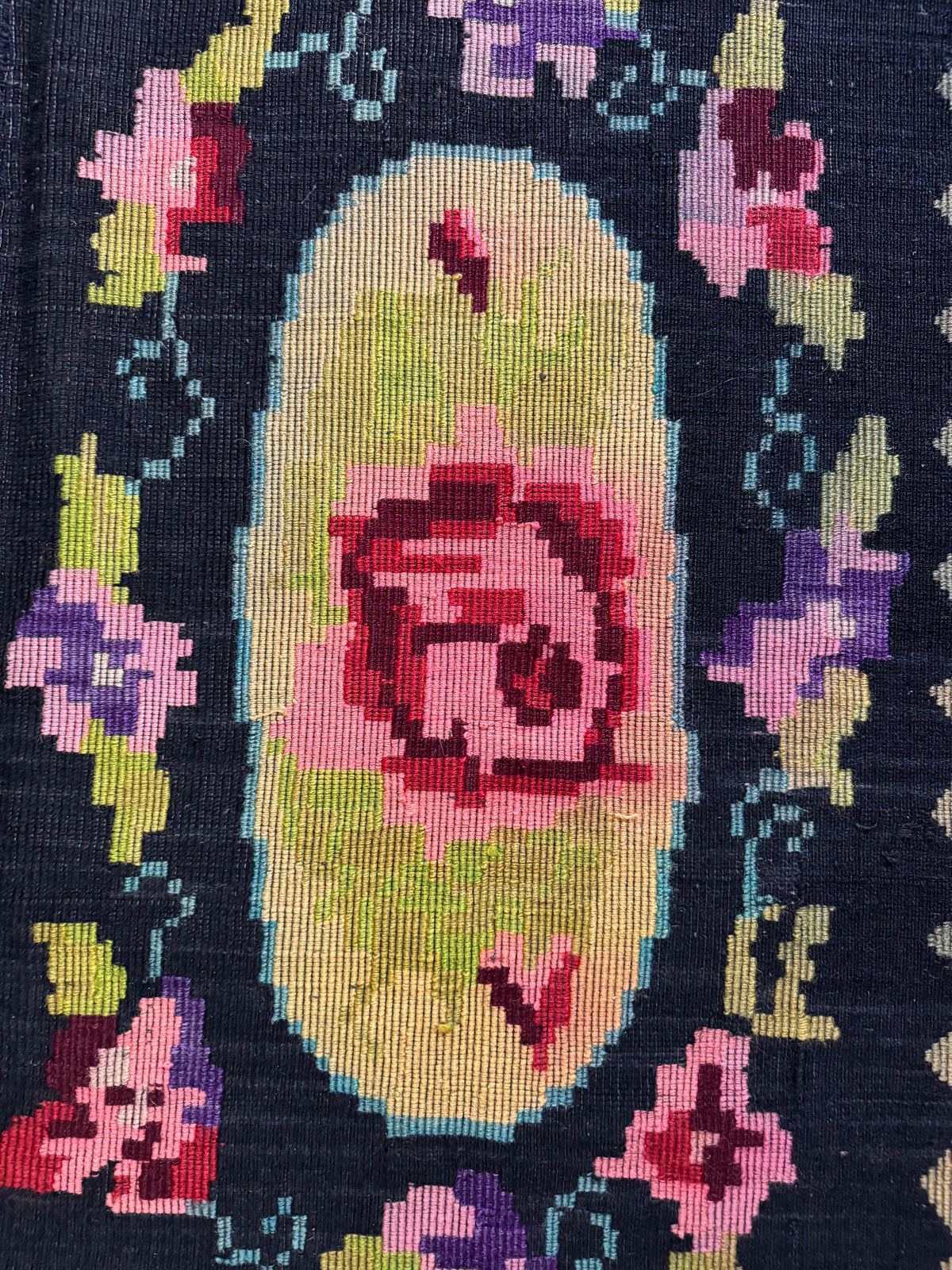Vintage Black Floral Romanian Wool Rug, 221x142 cm, view 6