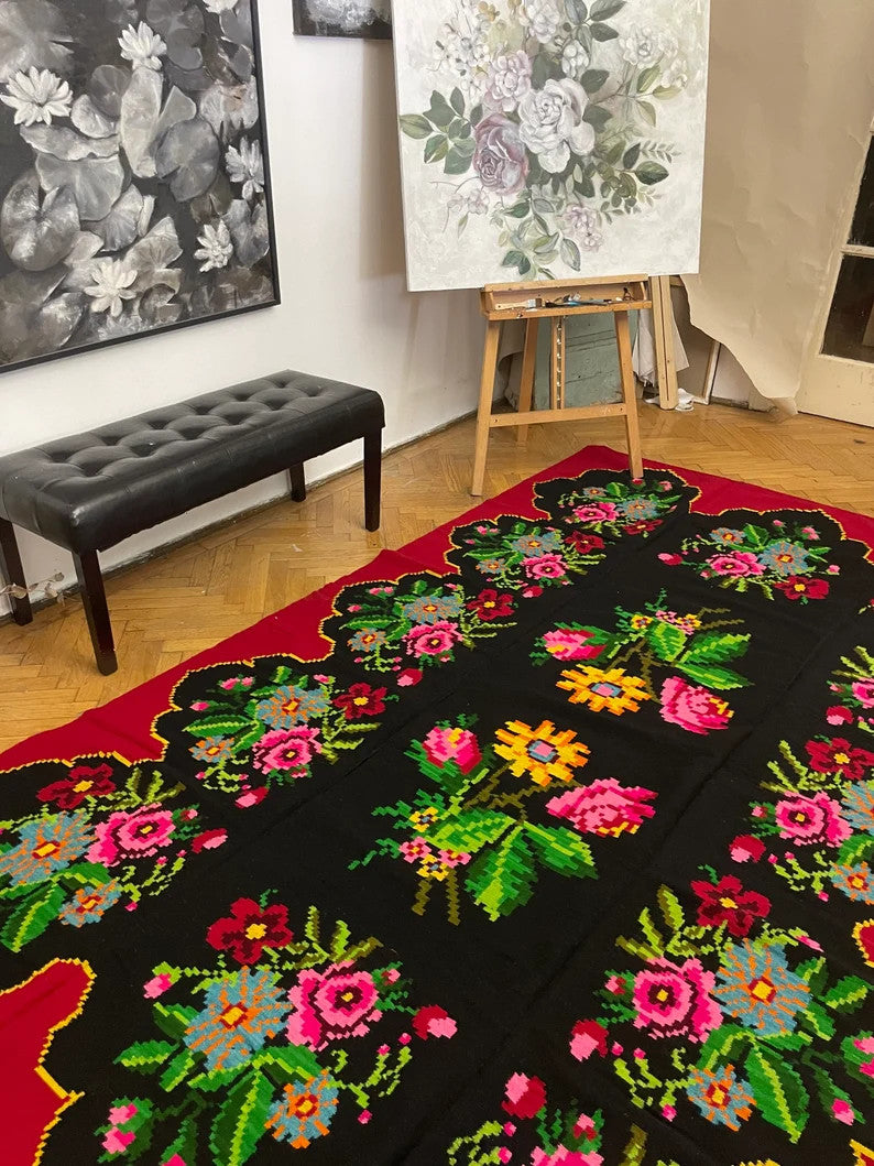 Vintage Blue Floral Romanian Wool Rug, 294x180 cm, view 3