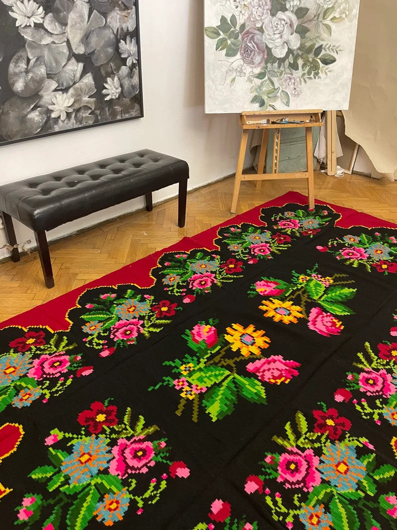 Vintage Blue Floral Romanian Wool Rug, 294x180 cm, view 8