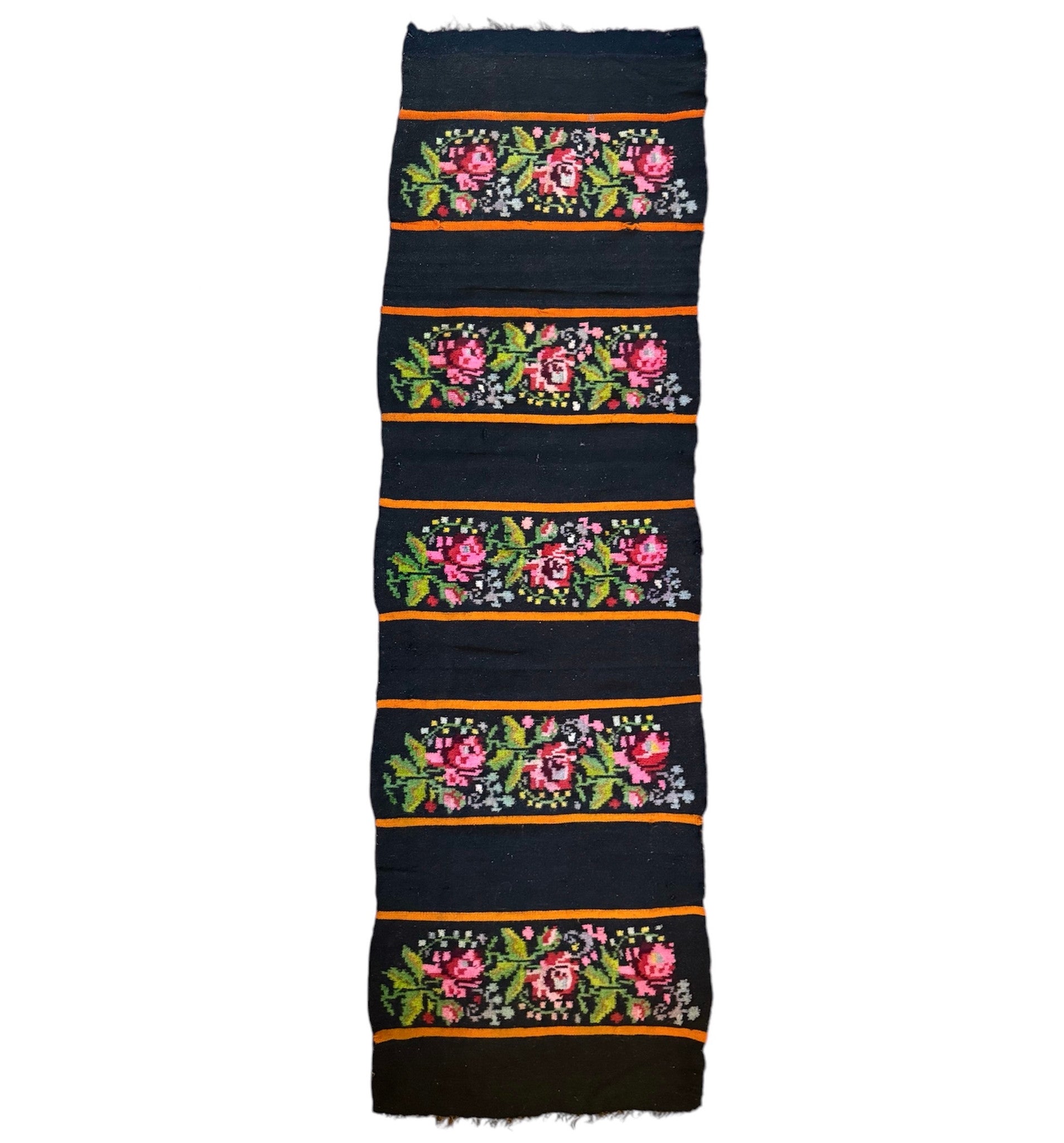 Vintage Black Floral Romanian Wool Runner Rug, 273x78 cm