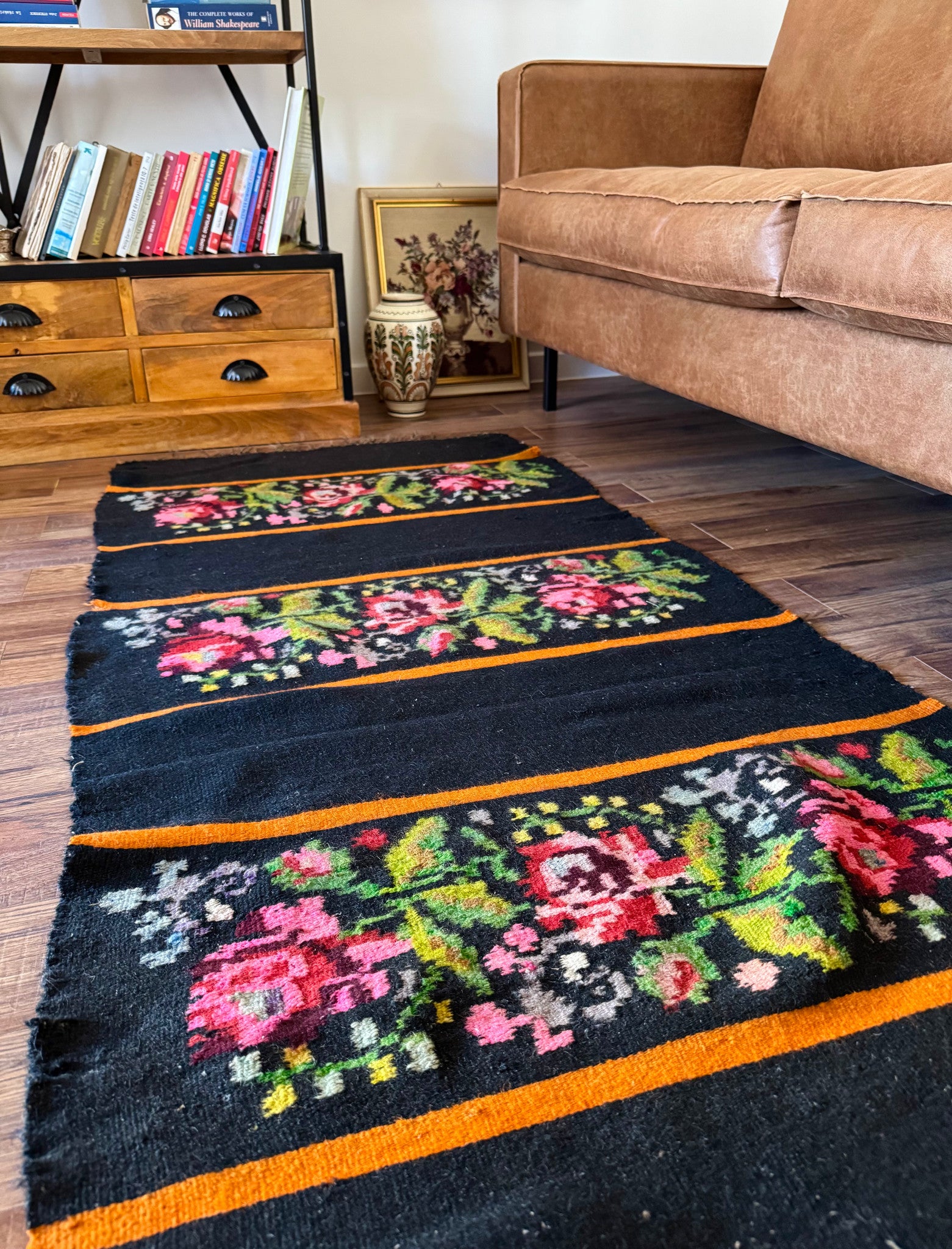 Vintage Black Floral Romanian Wool Runner Rug, 273x78 cm, view 11