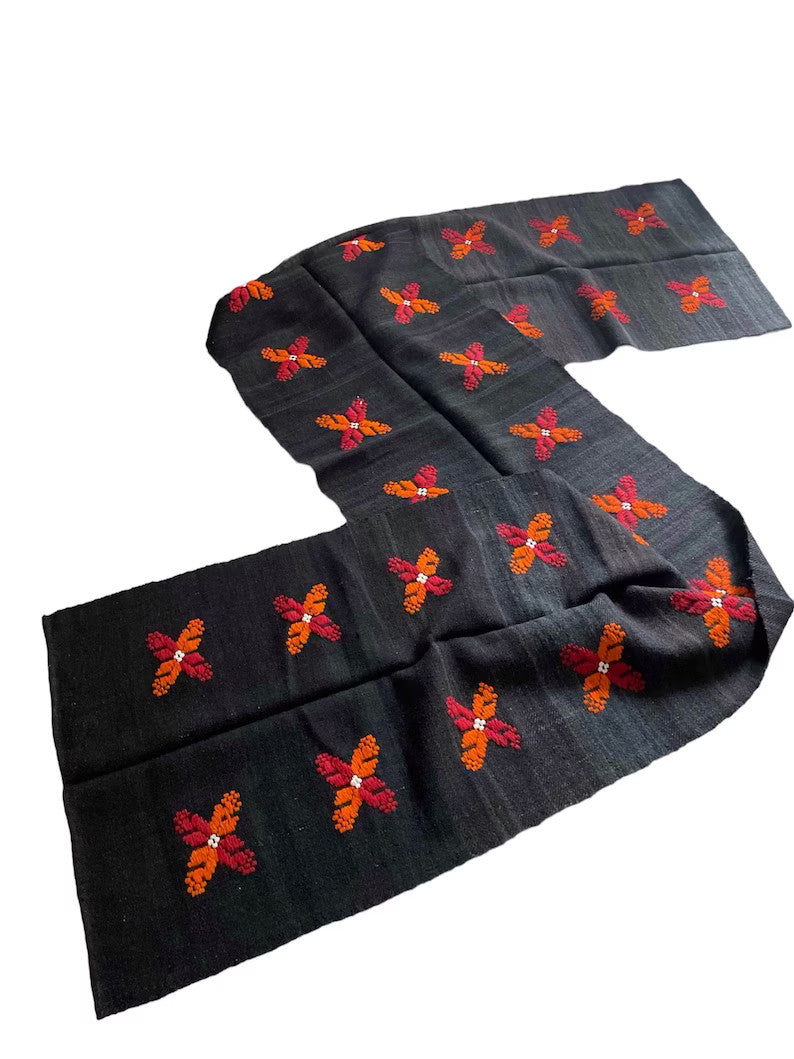 Vintage Black Floral Romanian Wool Runner Rug, 500x80 cm