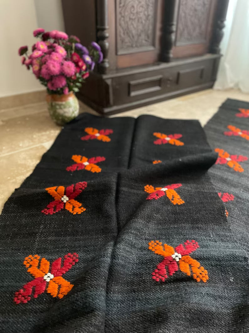 Vintage Black Floral Romanian Wool Runner Rug, 500x80 cm, view 2