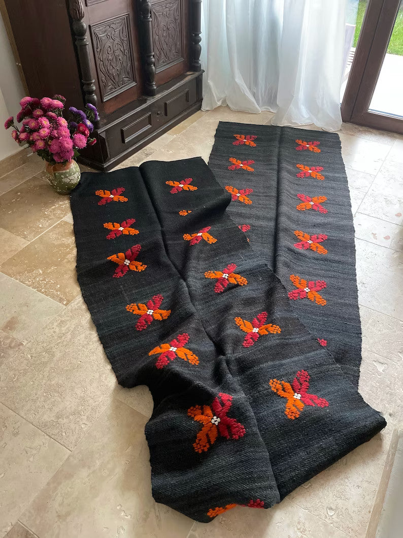 Vintage Black Floral Romanian Wool Runner Rug, 500x80 cm, view 4