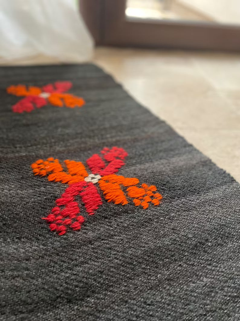 Vintage Black Floral Romanian Wool Runner Rug, 500x80 cm, view 5