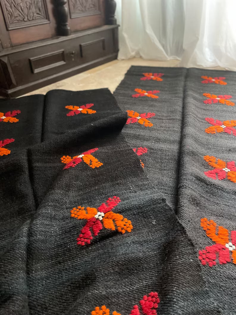 Vintage Black Floral Romanian Wool Runner Rug, 500x80 cm, view 6