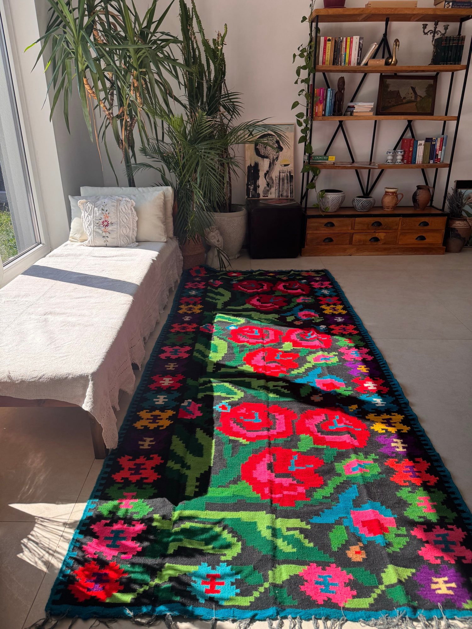 Vintage Black Floral Romanian Wool Runner Rug, 263x115 cm, view 13