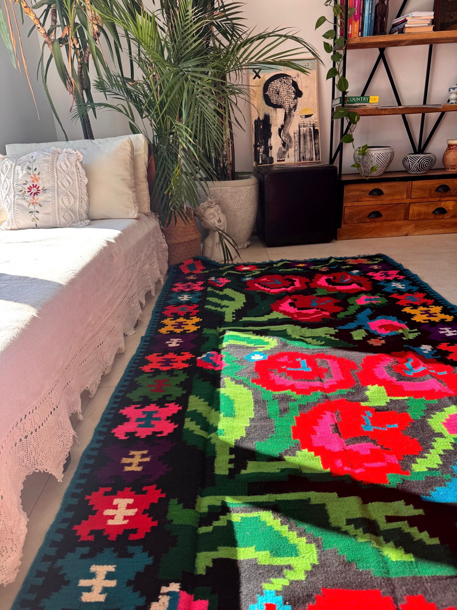 Vintage Black Floral Romanian Wool Runner Rug, 263x115 cm, view 14