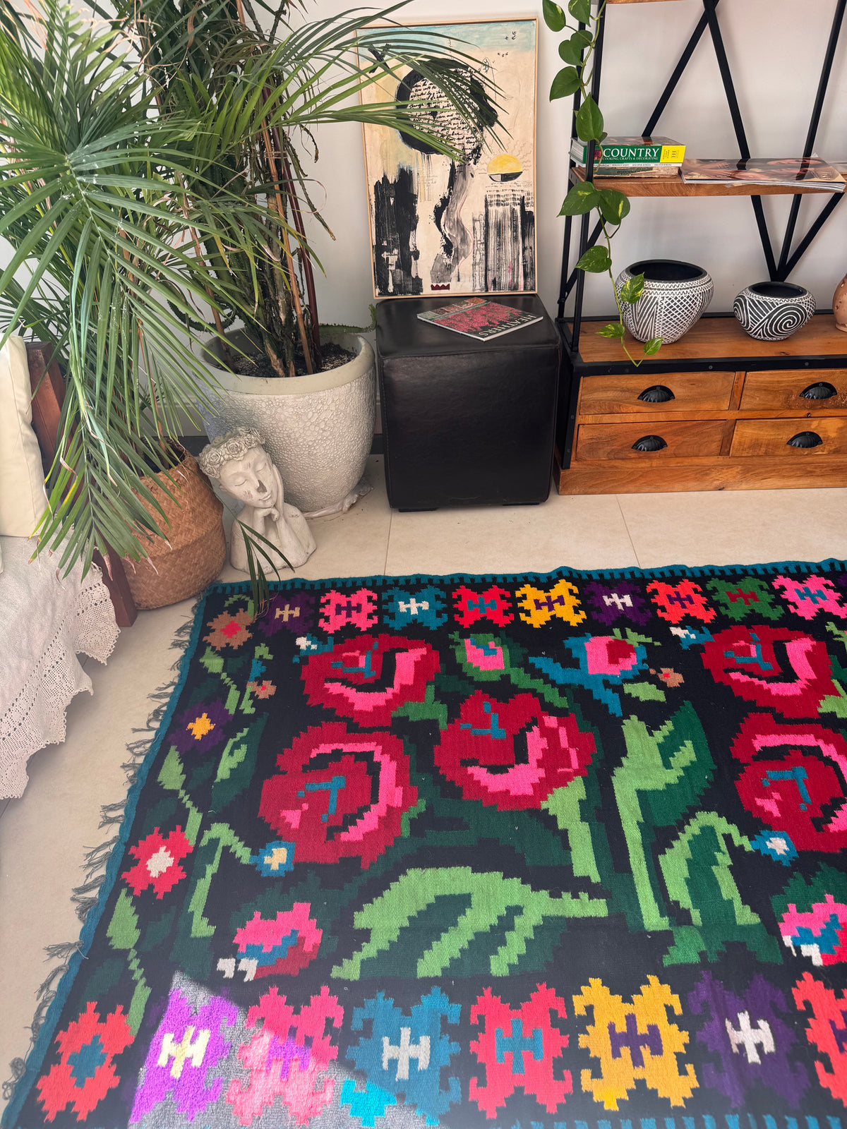 Vintage Black Floral Romanian Wool Runner Rug, 263x115 cm, view 15