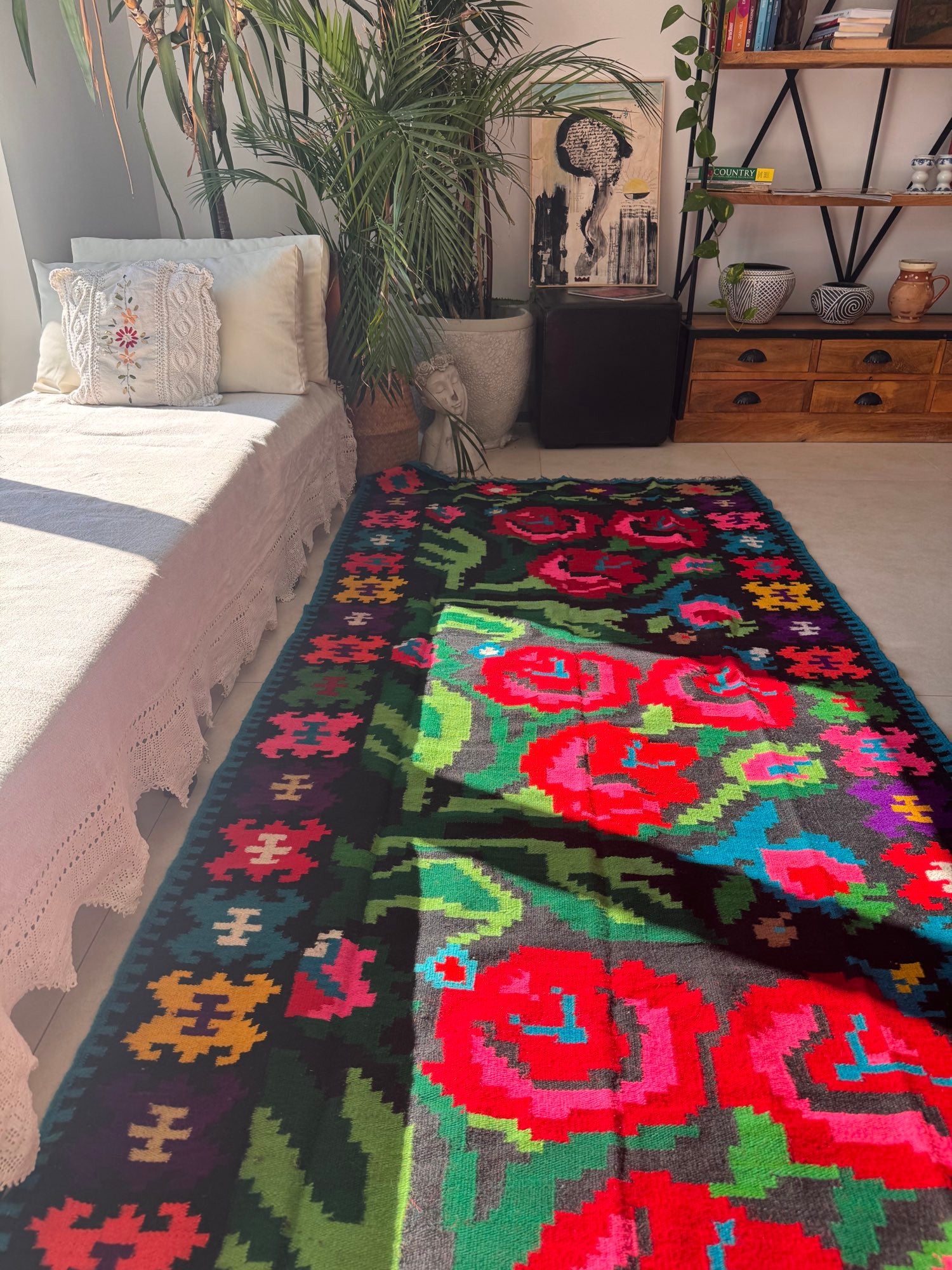 Vintage Black Floral Romanian Wool Runner Rug, 263x115 cm, view 4