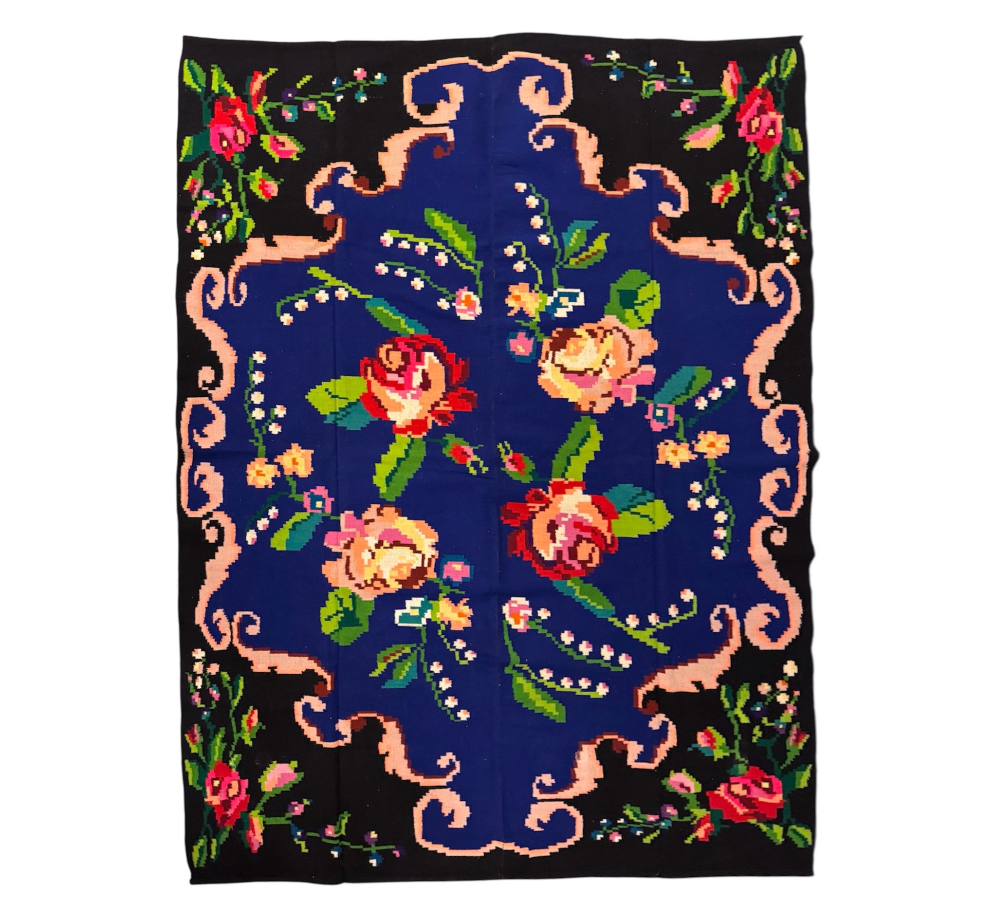 Vintage Blue Floral Transylvanian Wool Rug, 200x145 cm